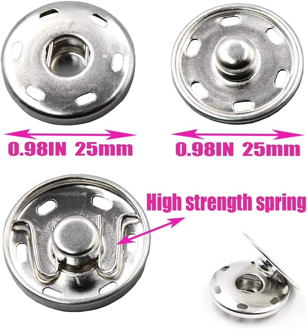 Sew on Snap Buttons 12 Sets Big Metal Snap Fastener Buttons Press Button for Sewing Clothing Silvery and Black (Large Size 0.98IN /25mm)