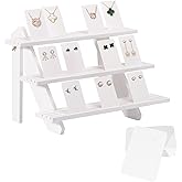 51pcs Wood Tiered Earring Display Stand, 3-Tier White Retail Jewelry Card Display With Groove + 50 Earring Cards, Portable Ring Organizer Holder, Showcase Racks for Business