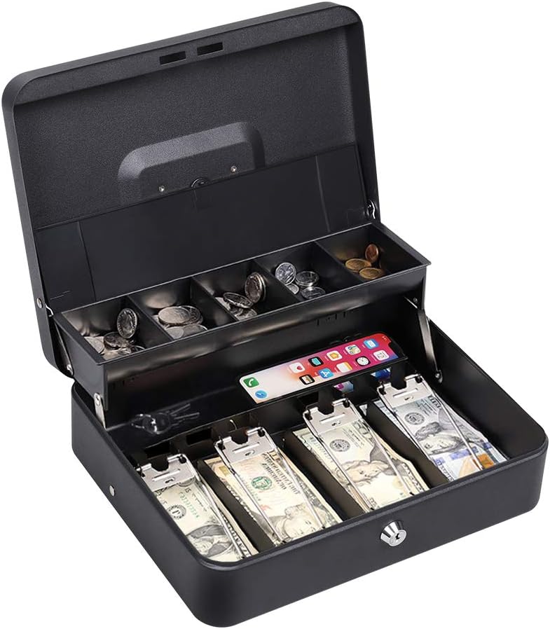 Updated Cash Box with Lock-Tiered Coin Tray with Lid Money Box with Money Tray Durable Steel Money Safe Boxes Metal Money Box with 2 Keys, Black