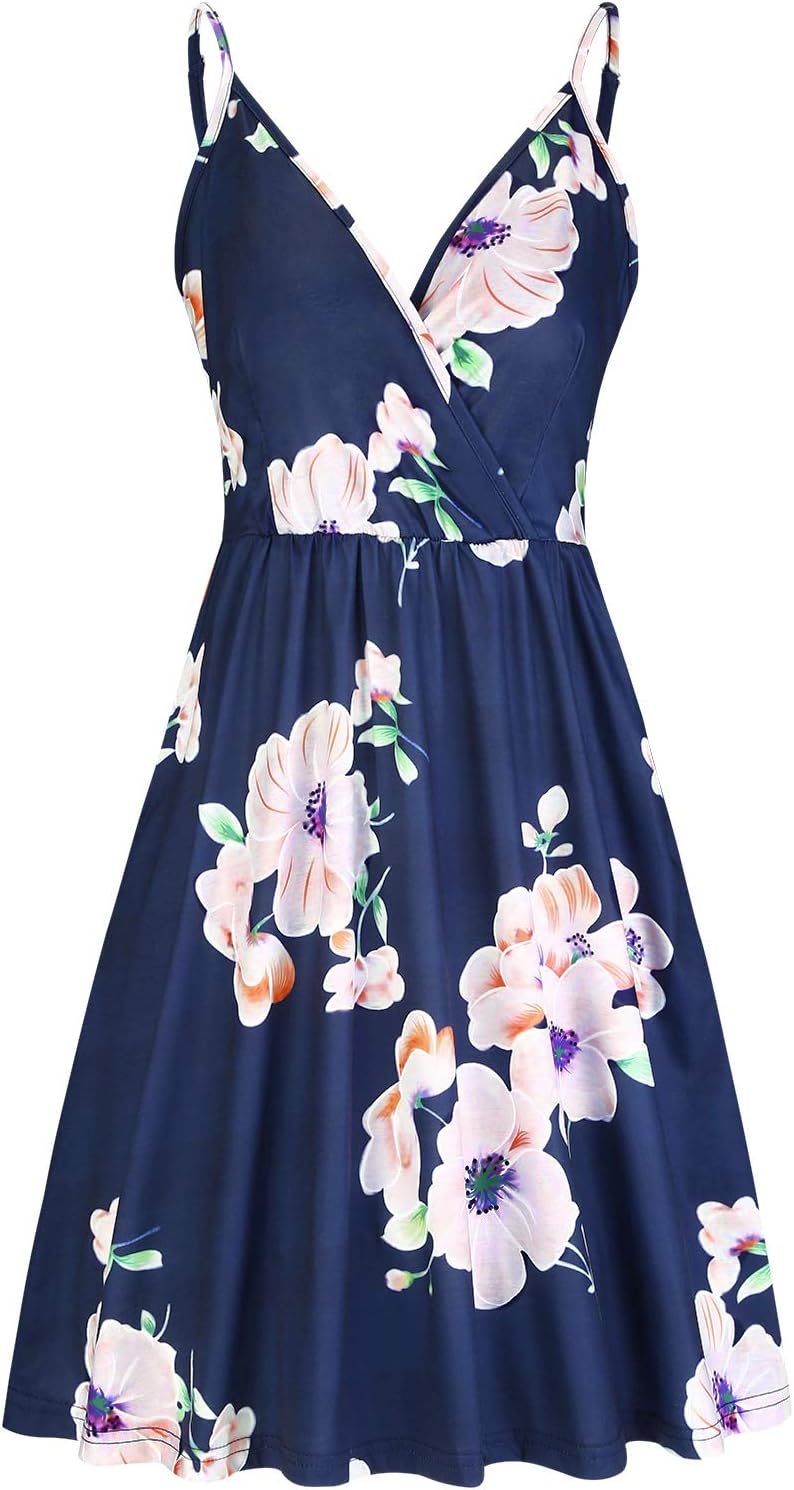 STYLEWORD Women's V Neck Floral Spaghetti Strap Summer Casual Swing Dress with Pocket