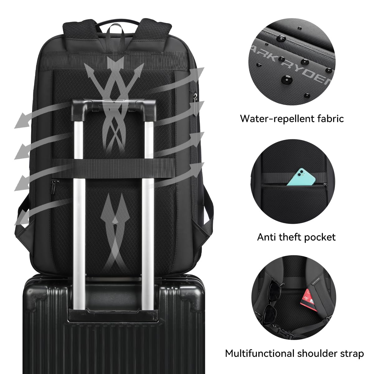 MARK RYDEN Erweiterbarer 25L-35L Große Kapazität Business Rucksack Herren, 15.6 Zoll Laptop Rucksack mit USB-C, 45x30x18 Reiserucksack für Städtetrips und Kurzurlaube - Schwarz 5