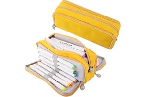 Oyachic 3 Compartment Pencil Case Large Capacity Pen Pouch Oxford Storage Bag Cosmetic Makeup Case for Men Women Adults Travel Business Office (Yellow)