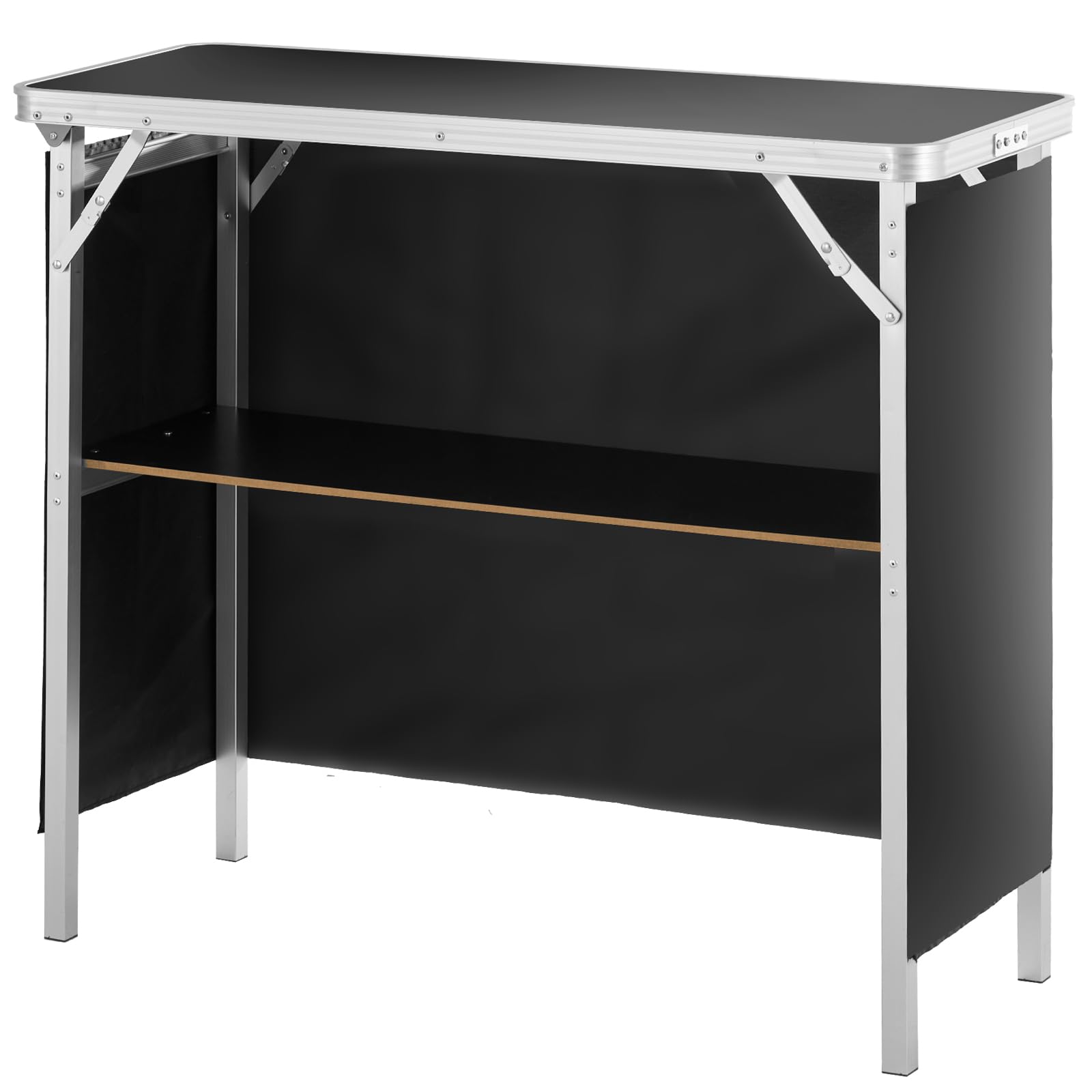 VEVOR Mesa de bar portátil plegable, mesa de podio de feria para interior, exterior, fiesta, picnic, exposición, incluye estuche de transporte, estante de almacenamiento y falda negra, 38.39" x 15.16" x 34.25"