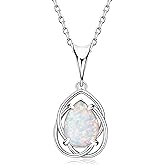YUNKAI Opal Necklaces for Women Sterling Silver, Pear/Round/Oval Created-Opal Pendants, Dainty Vintage Necklace Fine Jewelry Gift for Birthdays Anniversaries, October Birthstone Pendant