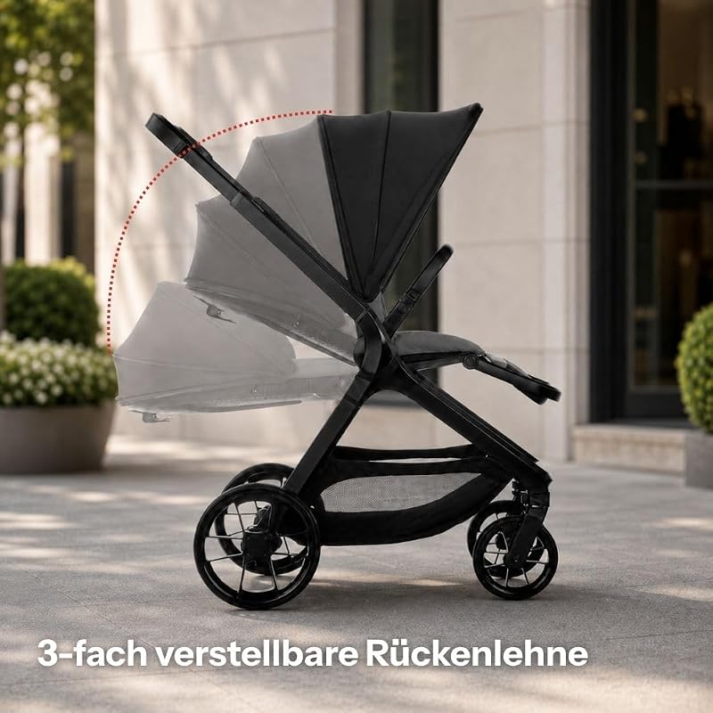 Kombo, 2-in-1 Kombi-Kinderwagen mit höhenverstellbarer Babywanne und wendbarem Sportsitz, automatische Einhand-Faltung, ab Geburt bis 22 kg, Grau