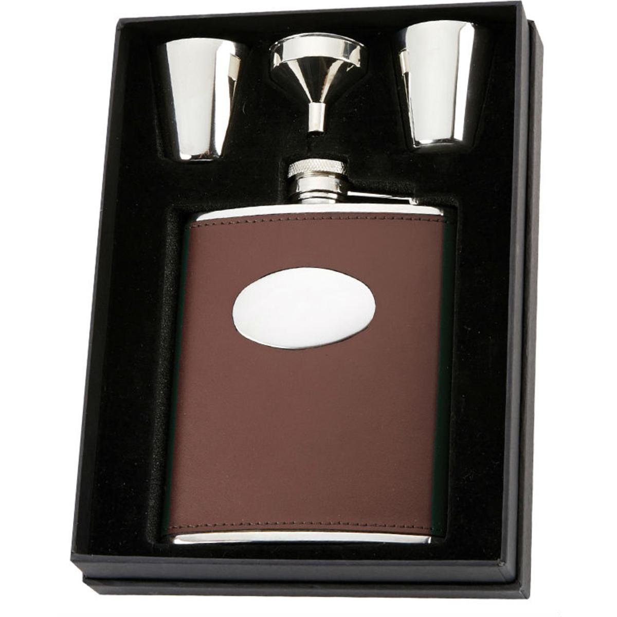 David Nickerson Brown Leather 6oz Hip Flask Presentation