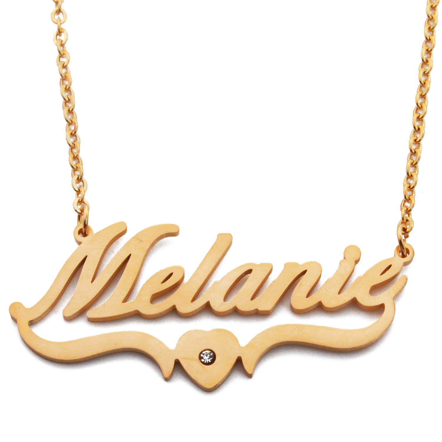 Kigu Melanie Name Necklace Heart Shaped Personalised Gold Plated, Custom Dainty Name Pendants, Jewellery for Ladies, Girlfriend, Mother, Sister, Friends Inc Bag & Box