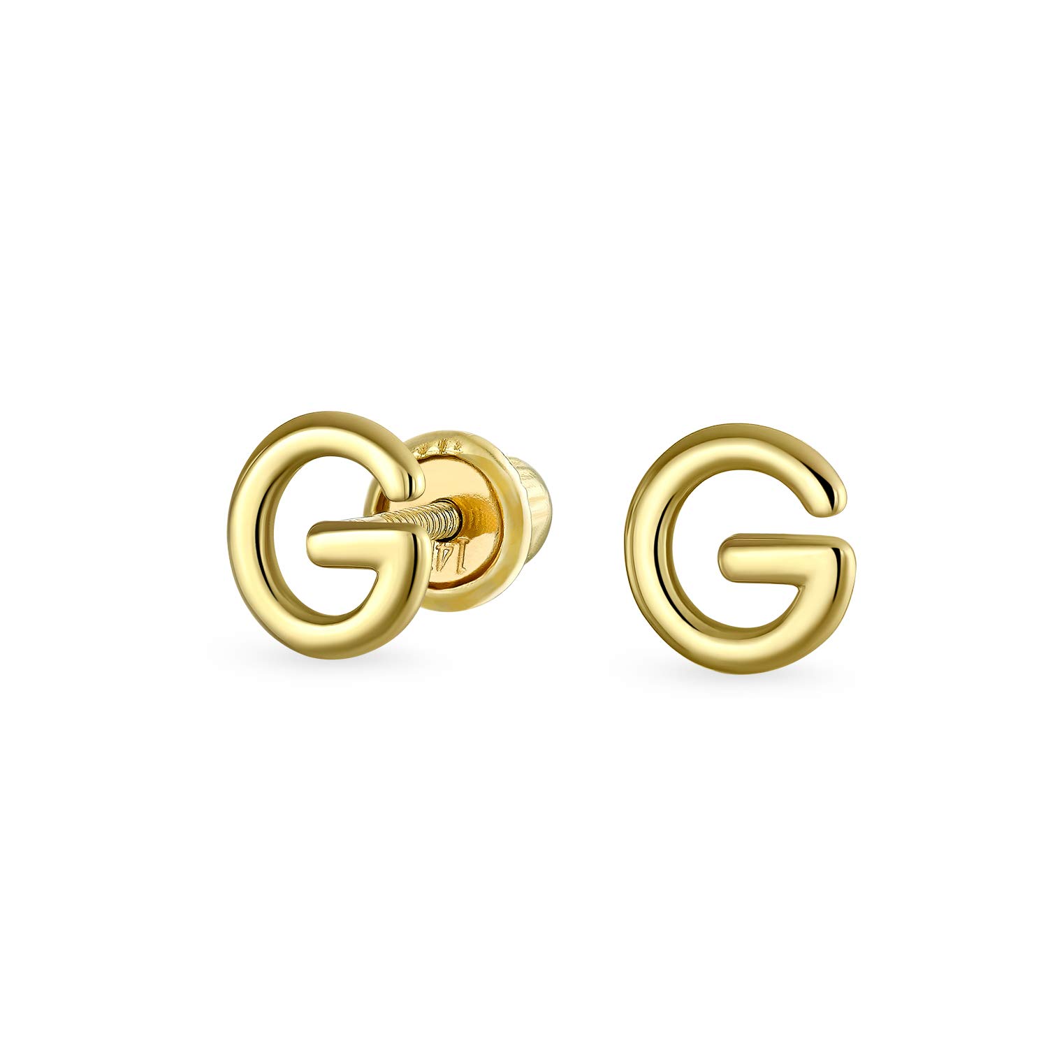 ABC Minimalist Real Yellow 14K Gold Capital Block Alphabet Letter Initial G Stud Earrings Safety Ball Screw Back For Teen For Women