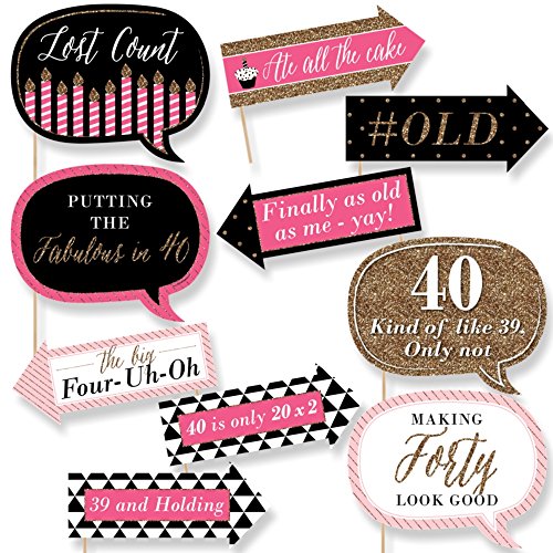 Big Dot of Happiness Funny Chic 40th Birthday – Pink, Black and Gold - Birthday Party Photo Booth Props Kit – 10 Piece