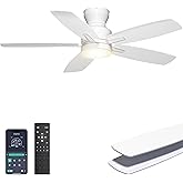 Ohniyou Ceiling Fans with Lights, 42'' Low Profile Ceiling Fan with Light and Remote/APP Control, Modern Flush Mount Ceiling Fan for Indoor Bedroom Kitchen, Dimmable, Qiuet DC Motor, White