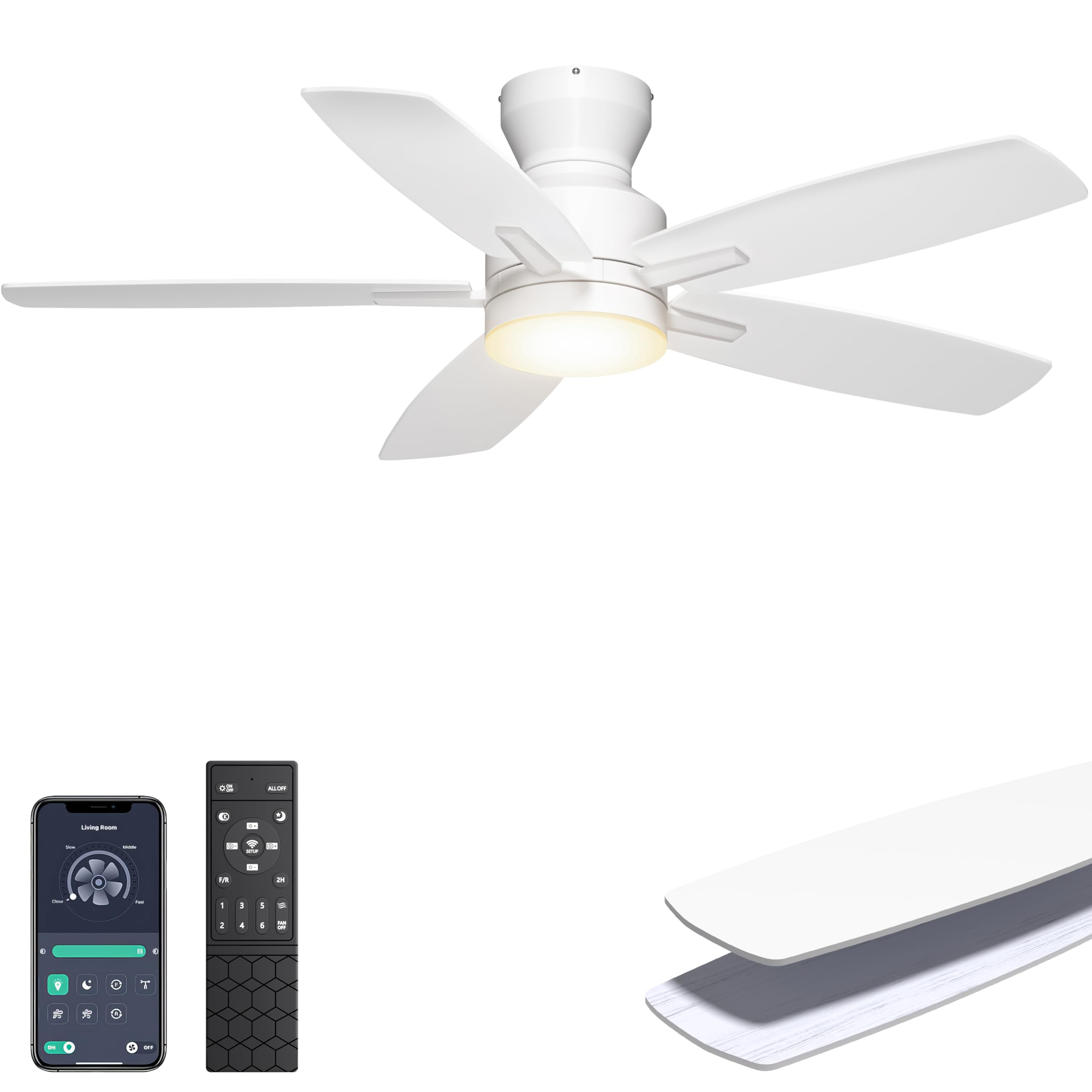 Photo 1 of Ohniyou Ceiling Fans with Lights, 42'' Low Profile Ceiling Fan with Light and Remote/APP Control, Modern Flush Mount Ceiling Fan for Indoor Bedroom Kitchen, Dimmable, Qiuet DC Motor, White