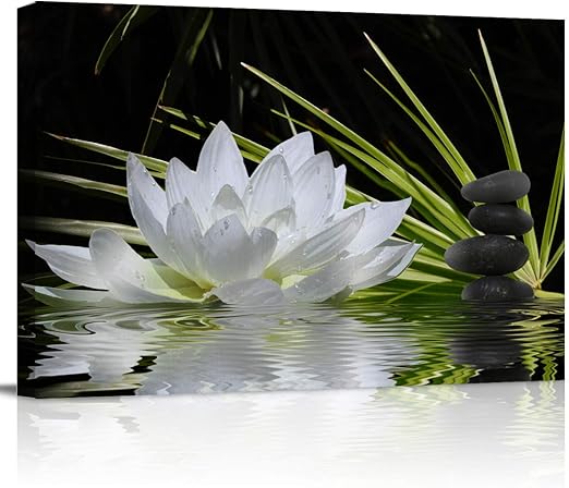 Amazon Com Canvas Wall Art White Lotus And Black Zen Stones Picture Modern Wall Decor Gallery Canvas Wraps Giclee Print Stretched And Framed Ready To Hang 12 X 16 Posters