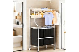 MWQ Laundry Sorter with Hanging Clothes Rack, Rolling Laundry Cart with Wheels & Shelf, 42 Gal (160L) 3 Section Basket Organizer, White