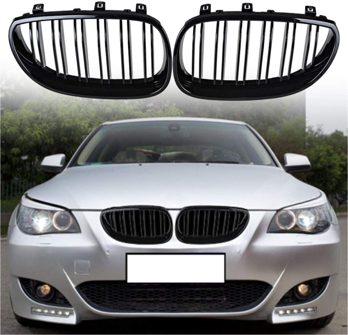VIOJI 2pcs Compatible with 2003-2009 BMW E60 E61 5-Series Sedan Wagon BMW 525 528 530 535 540 545 550 M5 Glossy Black Kidney Grille Front Bumper Hood ABS Plastic Grille