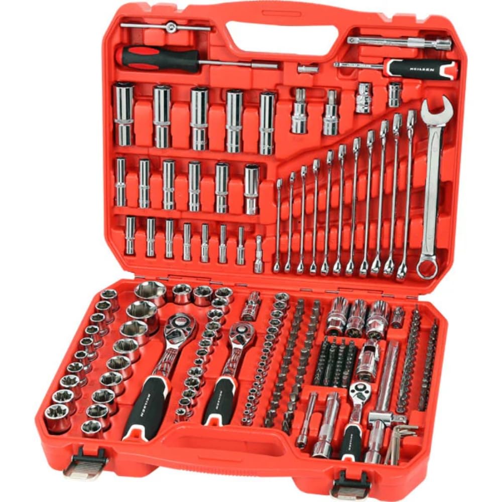 Neilsen CT3748 219pc 1/4in 3/8in 1/2in Drive Socket Set with Deep Sockets E-Type Sockets Spark Plug Sockets Extension Bars 72T Ratchets Hex Key Wrench Set and Combination Wrench Set
