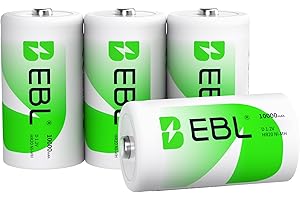 EBL D Rechargeable Batteries, 1.2V NiMH D Battery, 1500 Cycle Life, 10000mAh High Capacity, Included Battery Case (Pack of 4)