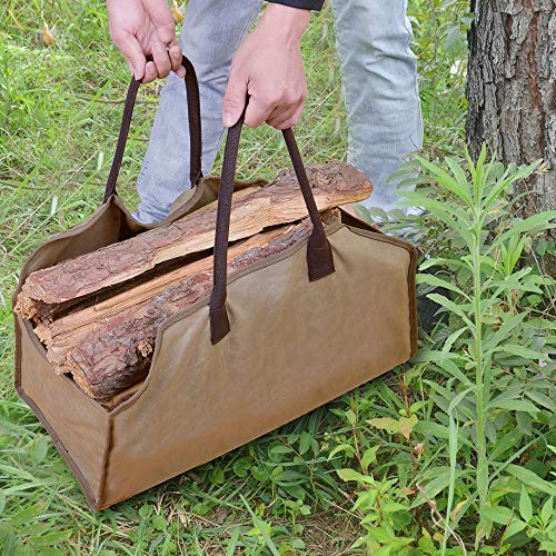 Waxed Canvas Firewood Log Carrier Horse Feeding Tote Wood Carrying Bag Woodpile Fireplace/Camp/Stove/Cabin Durable Heavy Duty Handle - Washed/Resistance soiling Outdoor Indoor(Large Wood Bag)