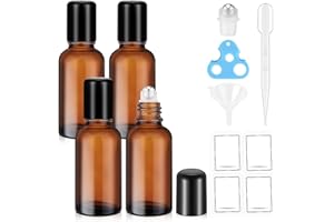 bofessor 4-Pack 1 oz Amber Glass Roller Bottles for Essential Oils | Refillable Roll on Bottles with Stainless Steel Rollers | Leakproof, UV Protection