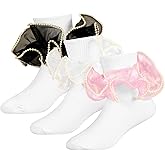 WBZOTSS Girls Ruffle Socks, 3 Pairs White Pearls Lace Frilly Dress Socks, Big Turn Cuff Fancy Pageant Sock for Toddler 1-10