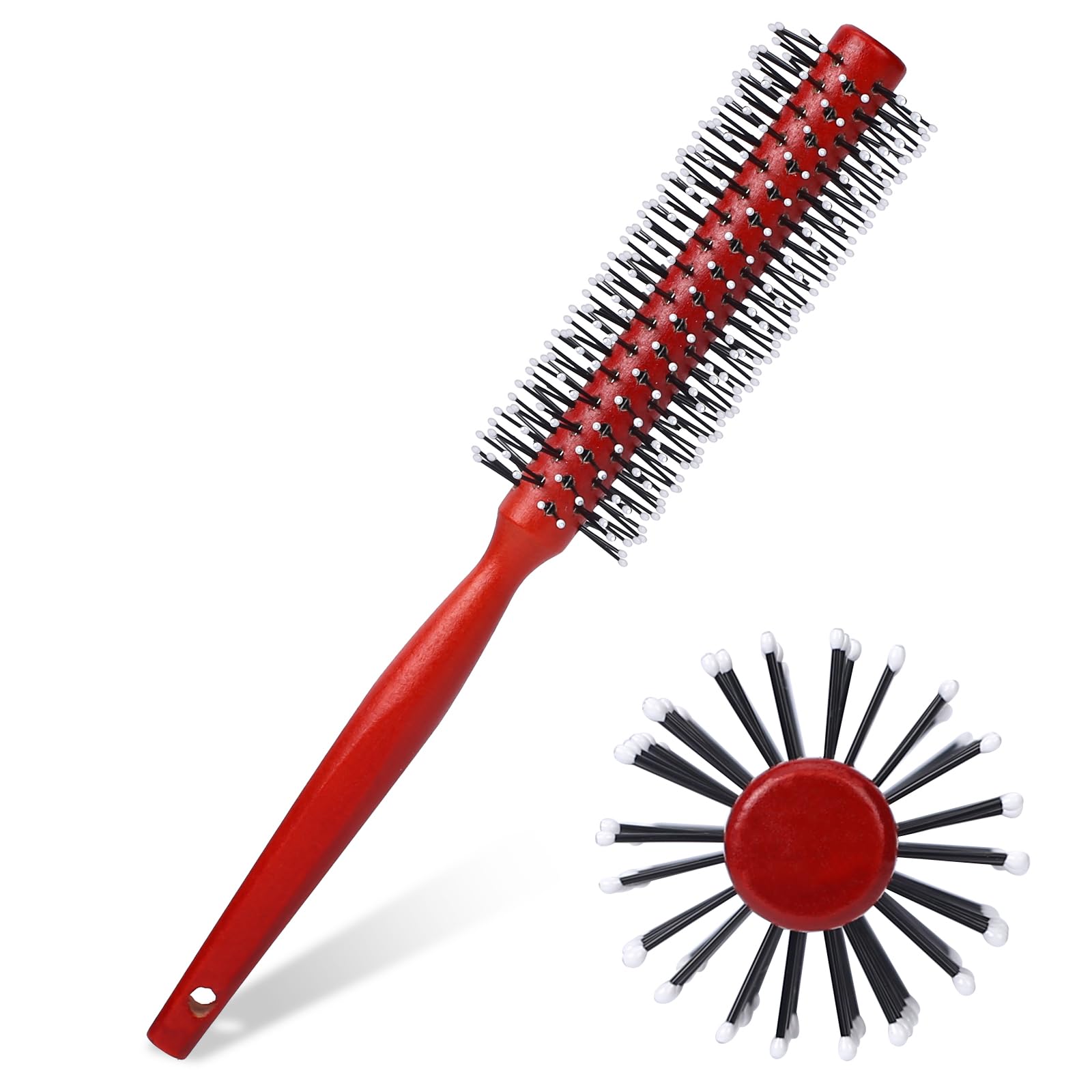 Small Round Hair Brush for Blow Drying, Mini Curling Brush with Ball Tip Nylon Bristle and Wood Handle, Mini Quiff Roller for Short Hair, Thin Hair, Bangs, Lifting, Styling, Beard (Red)