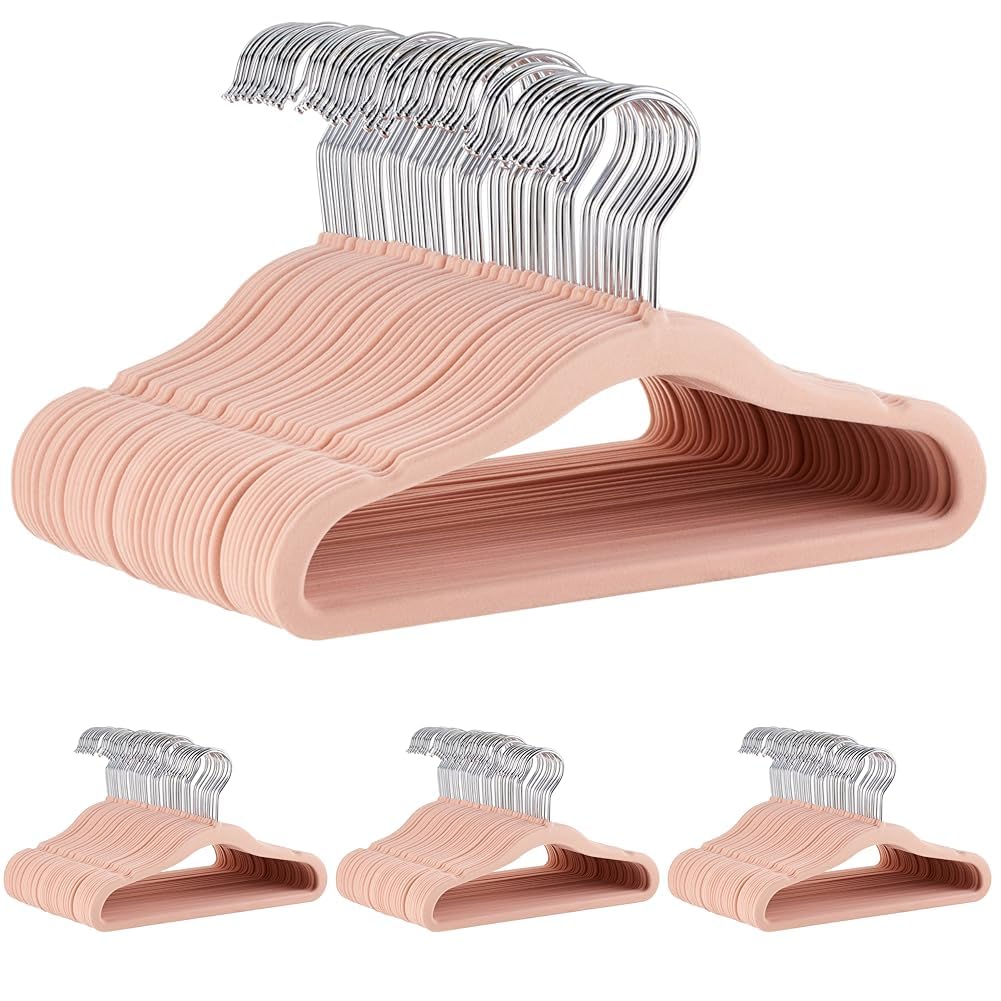 Amazon Basics Kids Velvet, Non-Slip Clothes Hangers for Infant and Toddler, 11.6 in (for Baby Clothes), Pack of 200, Blush Image Amazon Basics Kids Velvet, Non-Slip Clothes Hangers for Infant and Toddler, 11.6 in (for Baby Clothes), Pack of 200, Blush Image