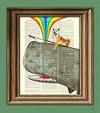 Dog Riding Whale print. Kujira the Shiba Inu dog protects the homeland from evil whalers with love, rainbows, and her deadly harpoon. Doge atop a sperm whale dictionary page book art print