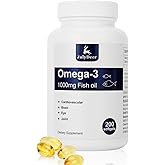 Omega 3 Fish Oil 1000 mg Concentrate Supplement with EPA, DHA, 200 Softgels | Essential Fatty Acids Heart, Joint, Brain, Eye Health, Promotes Overall Well-Being, Strengthens Immune System, Non-GMO