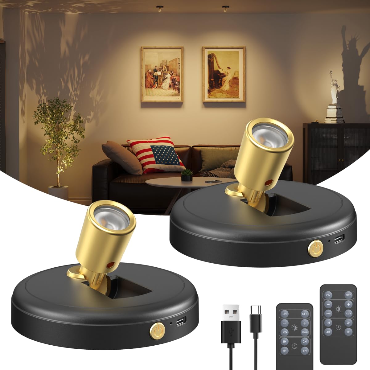 Photo 1 of Spot Lights Indoor Led Spotlight: Rechargeable Battery Wireless Up Lights Indoor - Plants Tree Artwork Portrait Picture Display Accent Lighting for Home Decorators Homeowners Art Collectors(2 Pack)