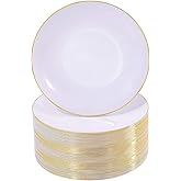 Nervure 100Pieces White with Gold Rim Plastic Plates - 7.5inch Disposable Gold Salad/Dessert Plate - White and Gold Plastic Plates Ideal for Wedding & Party