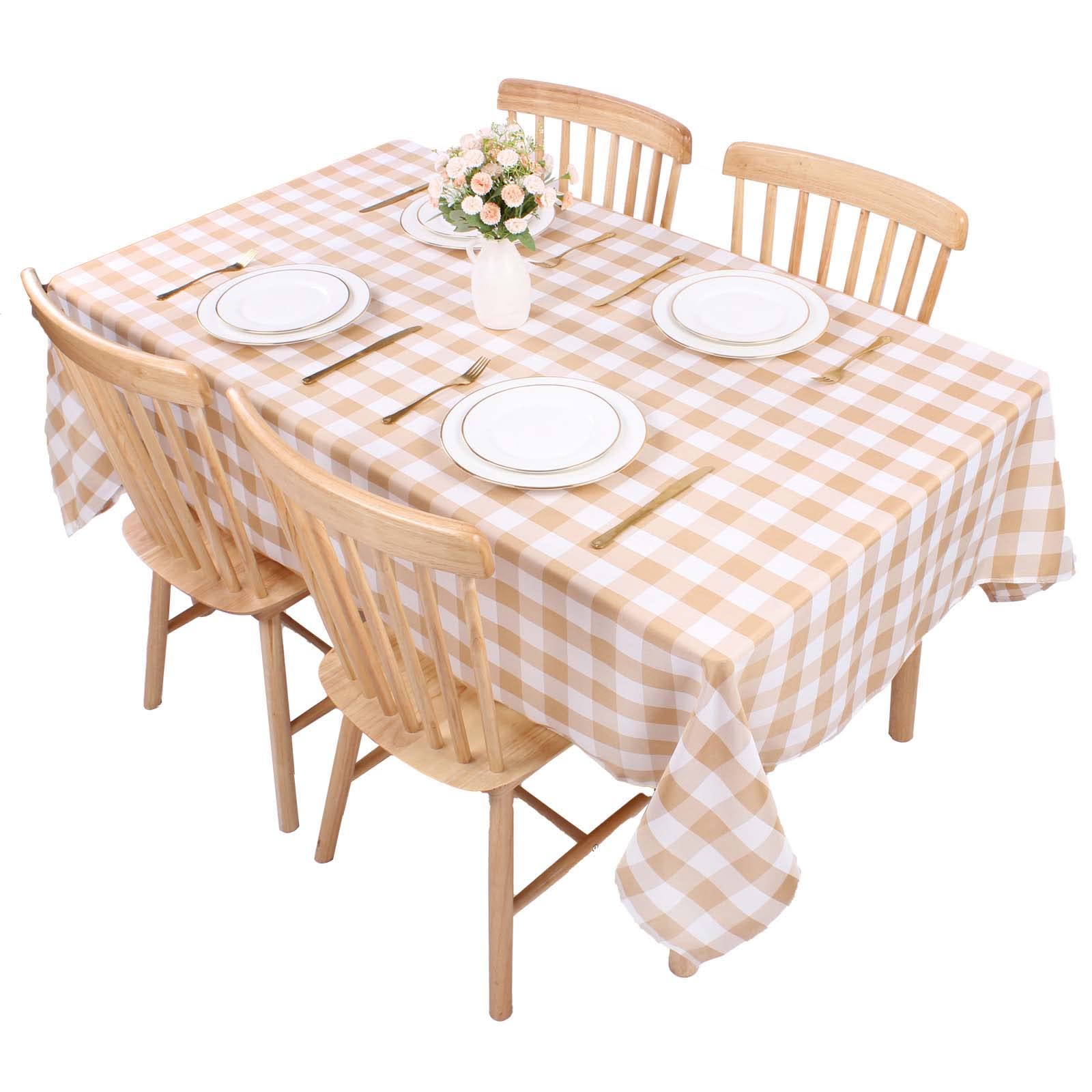 Kesfey Rectangle Gingham Tablecloth Plaid 55x78in Polyester Checkered Tablecloths Gingham Fabric Wipeable Table Cloth Wipe Clean Wrinkle Free Table Cover for Dining (Light Coffee)