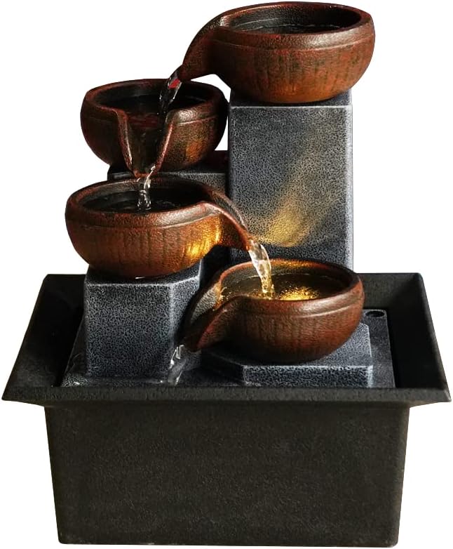 Indoor Fountains & Accessories - Indoor 4-Tier Relaxation Tabletop Fountain Waterfall Function,with Warm Color LED Lights and 3-Level Adjustable Water Pump for Home and Office Decoration Brown