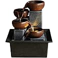 Indoor 4-Tier Relaxation Tabletop Fountain Waterfall Function，with Warm Color LED Lights and 3-Level Adjustable Water Pump for Home and Office Decoration Brown