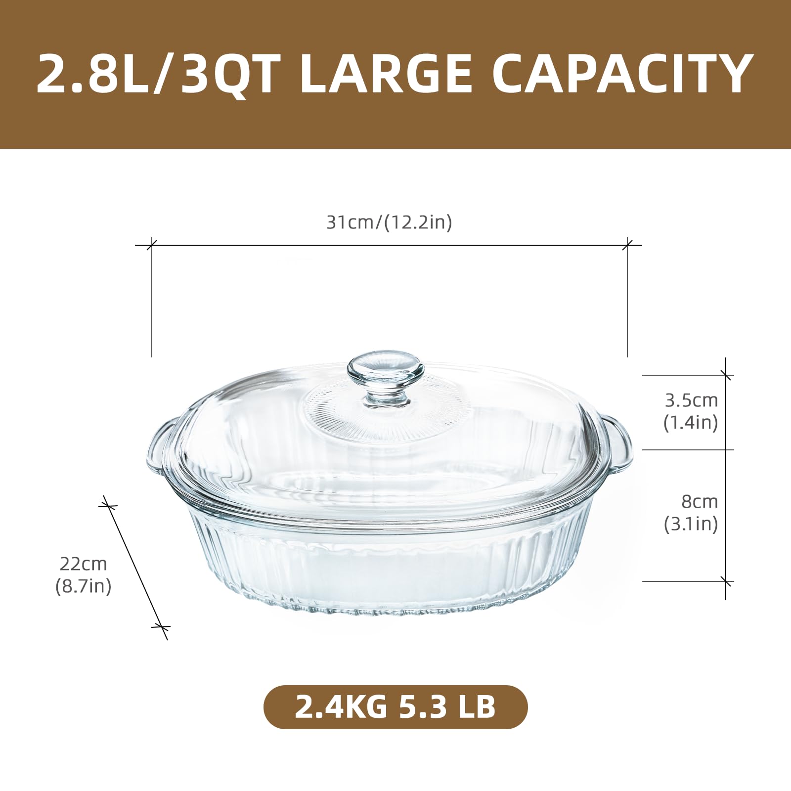 Luvan 2.8L/3Qt Glass Casserole Dish with Lid, Ribbed Oval Glass Baking Dish for Oven & Microwave, Clear Lead-Free Covered Casserole Cookware, Versatile Deep Glasses Food Container for Baking, Cooking