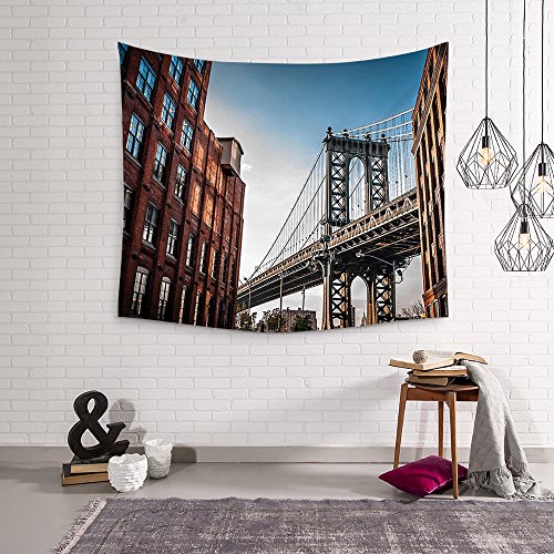 Moslion NYC Art Manhattan Bridge Tapestry New York Blue Brown Bridge Wall Tapestry Polyester Fabric Hanging Wall Art Hanging Tapestry 60" W X 80" L Tapestry for Living Room Bedroom