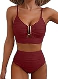 Herseas Ribbed Two Piece Bikini High Waisted V Neck