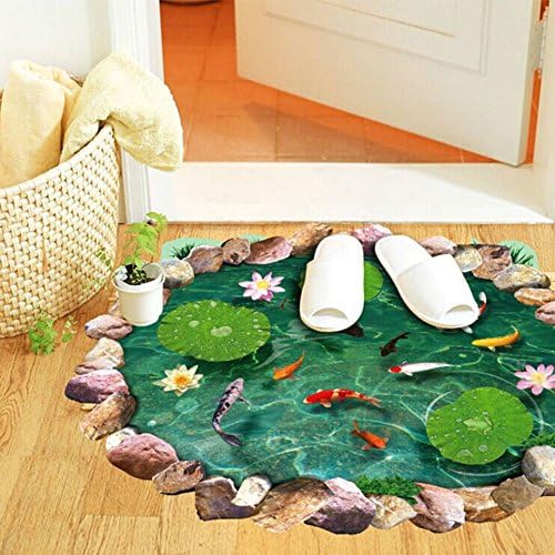 WMdecal Removable Green Lotus Leaf and Fish and Water 3D Vinyl Wall Stickers Easy to Use Wall Decal for Floor of Living Room