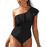 Hilor Women's One Piece Swimsuits One Shoulder Swimwear Asymmetric Double Ruffles Bathing Suits Black 16