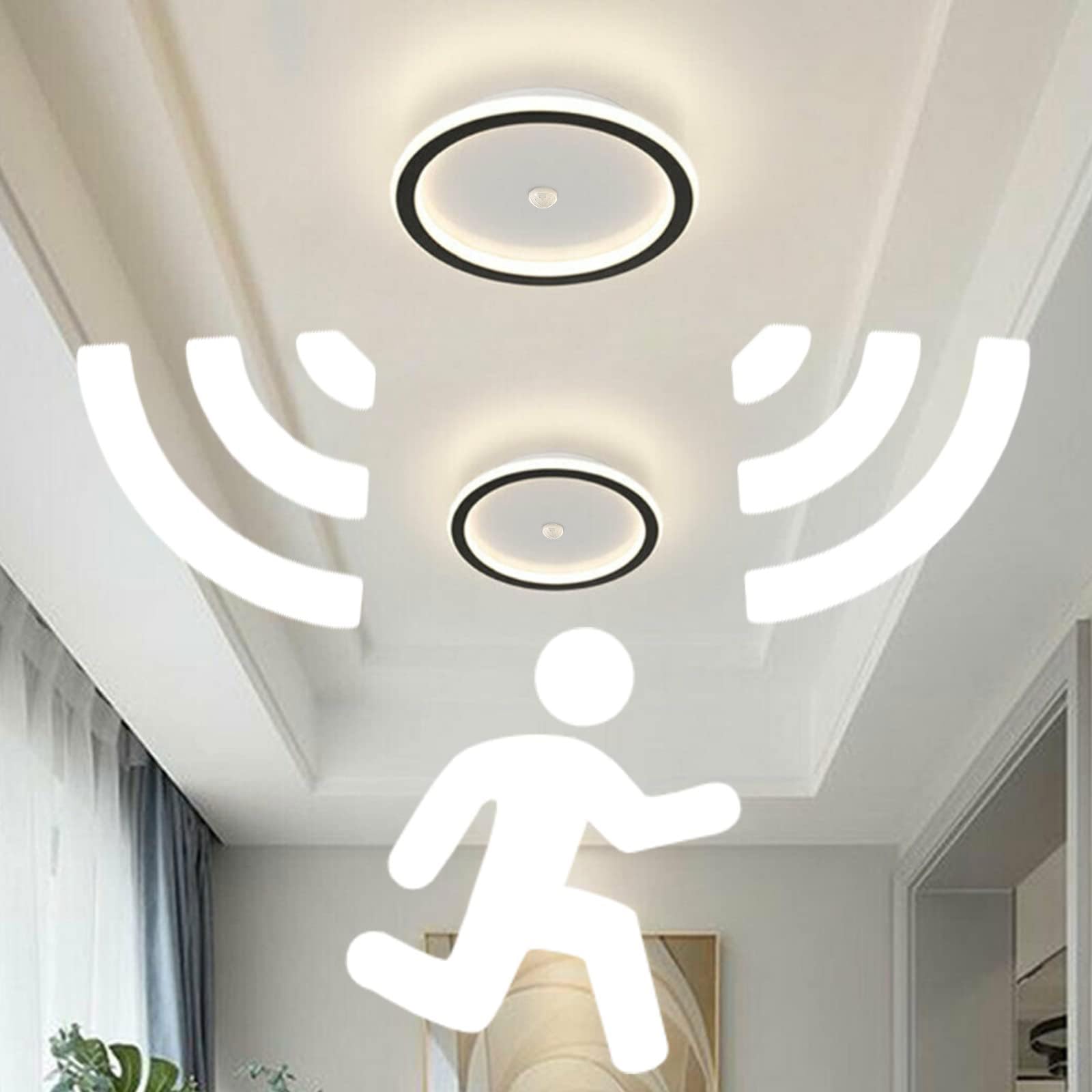 Modern LED Ceiling Light With Motion Sensor, Movement Sensor Ceiling Lamp Ultra thin Small Round Design Light for Entrance Hallway Aisle Stair Office Kitchen, Warm White LED Energy Saving 20W (Black)