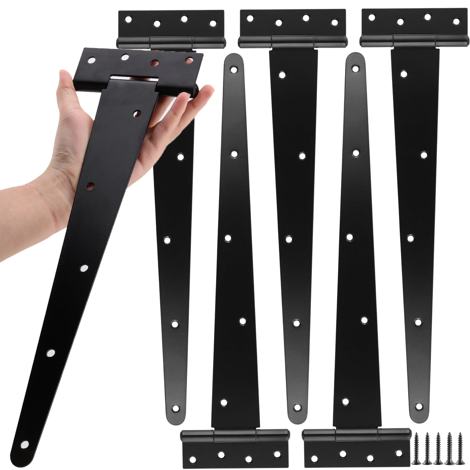MAKTSAM 6PCS 16 Inch/40cm T Strap Hinges, 2.5mm Extra Thickened Heavy Duty Metal T Hinge with Screws, Black Garden Gate Hinges for Domestic Garden Gates, Barn Doors and Shed Doors