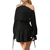 SOLY HUX Women's Plus Size Halter Mini Dress Off The Shoulder Long Sleeve Layered Ruffle A Line Party Cocktail Dresses