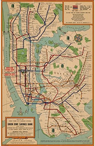 NYC Subway Map Historical Reproduction - Transportation System - Created by Union Dime Savings Bank in 1954 - Made to Order - 24" x 36"