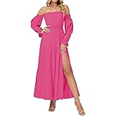 OULESIS Women Boho Maxi Dress Sexy Off Shoulder Long Sleeve Smocked Flowy Dresses A Line Tiered Sundress Slit Wedding Dress