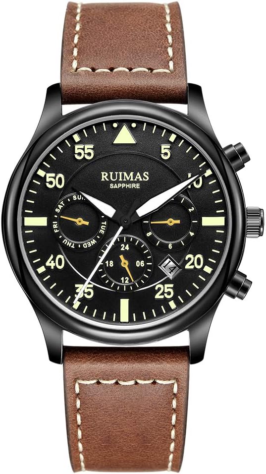 RUIMAS Men Chronograph Automatic Mechanical Watches Business Sapphire Glass Crystal Luminous Military Wristwatch with Genuine Leather Strap (Seagull)