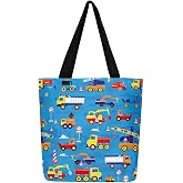 Castle Fairy Retro Train Canvas Tote Bag Aesthetic for Kids Boys,Red Green Blue Train Reusable Grocery Handbag