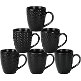 Serwrsw 16 OZ Bone Coffee Mugs Set of 6 Matte Black, Large Ceramic Coffee Mugs Set with Different Texture Patterns, Porcelain Cups with Handle for Espresso Latte Tea Milk