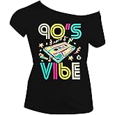 90s 80s Outfit for Women 80's Theme Party Disco Shirt Off The Shoulder Tops Vintage 90s Neon Off Shoulder Top