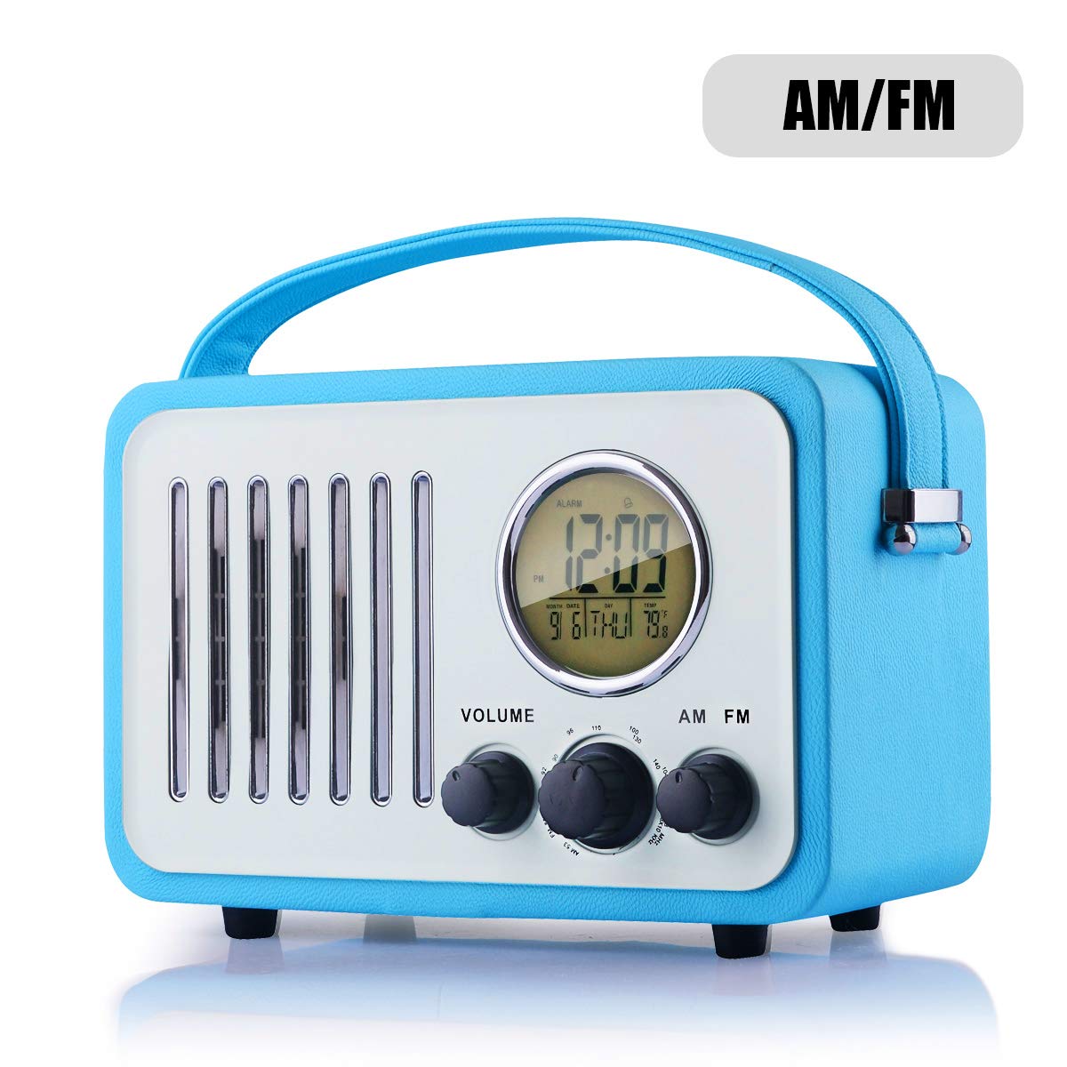 Retro AM/FM Radio, Portable Alarm Clock Radio with LCD Screen, External Antenna, Wooden Speaker Blue Leather Cover(Blue)