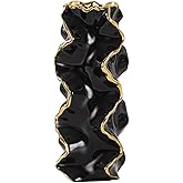 YUSHUIHOME Ceramic Vase with Wave Pattern & Gold Trim | Modern Luxury Wedding/Home Decor | Square Shape