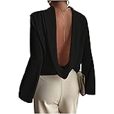 SOLY HUX Women's Open Back Draped Tops Mock Neck Long Sleeve Backless Elegant Blouse