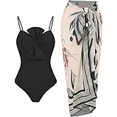 One Piece Swimsuit with Cover Up Retro Bathing Suit with Cover Up Set Modest Sarong Wrap Swim Suits for Women Slimming Two Piece Swimwear with Matching Black Knot Large